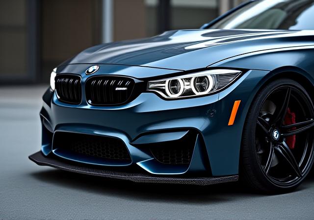 Aggressive BMW M4 Competition with carbon fiber aerodynamic enhancements.