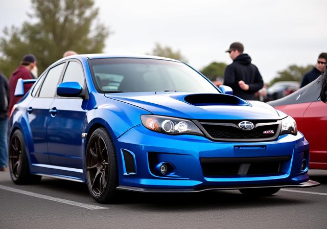 Highly modified Subaru WRX STI at a car show, detailing its performance upgrades.